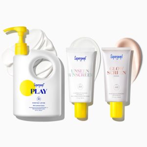 Supergoop! SPF Bestsellers Starter Kit - PLAY Everyday Lotion SPF 50 Pump (18 oz) + Unseen Sunscreen SPF 40 Travel Size + Glowscreen SPF 40 Travel Size, Broad Spectrum Full-Body & Face Protection