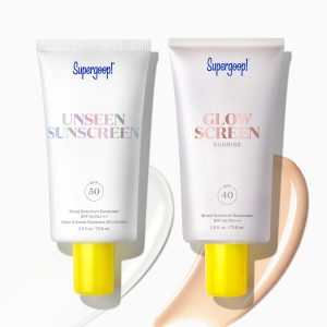 Supergoop! 2-in-1 Beauty Booster Set - Unseen Sunscreen SPF 50 + Glowscreen SPF 40 (Sunrise) Duo Kit, Invisible & Glowy Makeup Primers